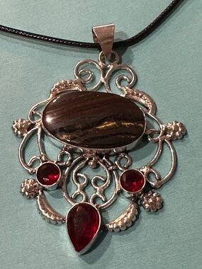 Silver-Tone Pendant Necklace with Brown Stone and Red Accents